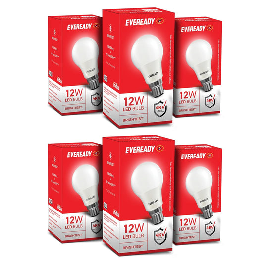 Eveready 12W LED Bulb, Cool White Day Light (6500K), E27 Base, Energy-Efficient, 4kV Surge Protection, Long-Lasting Durability, Pack of 6