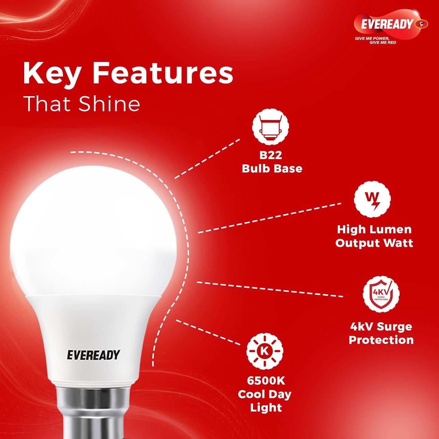 Eveready 12W LED Bulb, Cool White Day Light (6500K), E27 Base, Energy-Efficient, 4kV Surge Protection, Long-Lasting Durability, Pack of 6